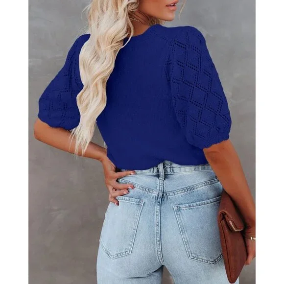 Women's Knit Pullover Short Sleeve Crew Neck Casual Summer Spring Tops - Picture 3 of 7